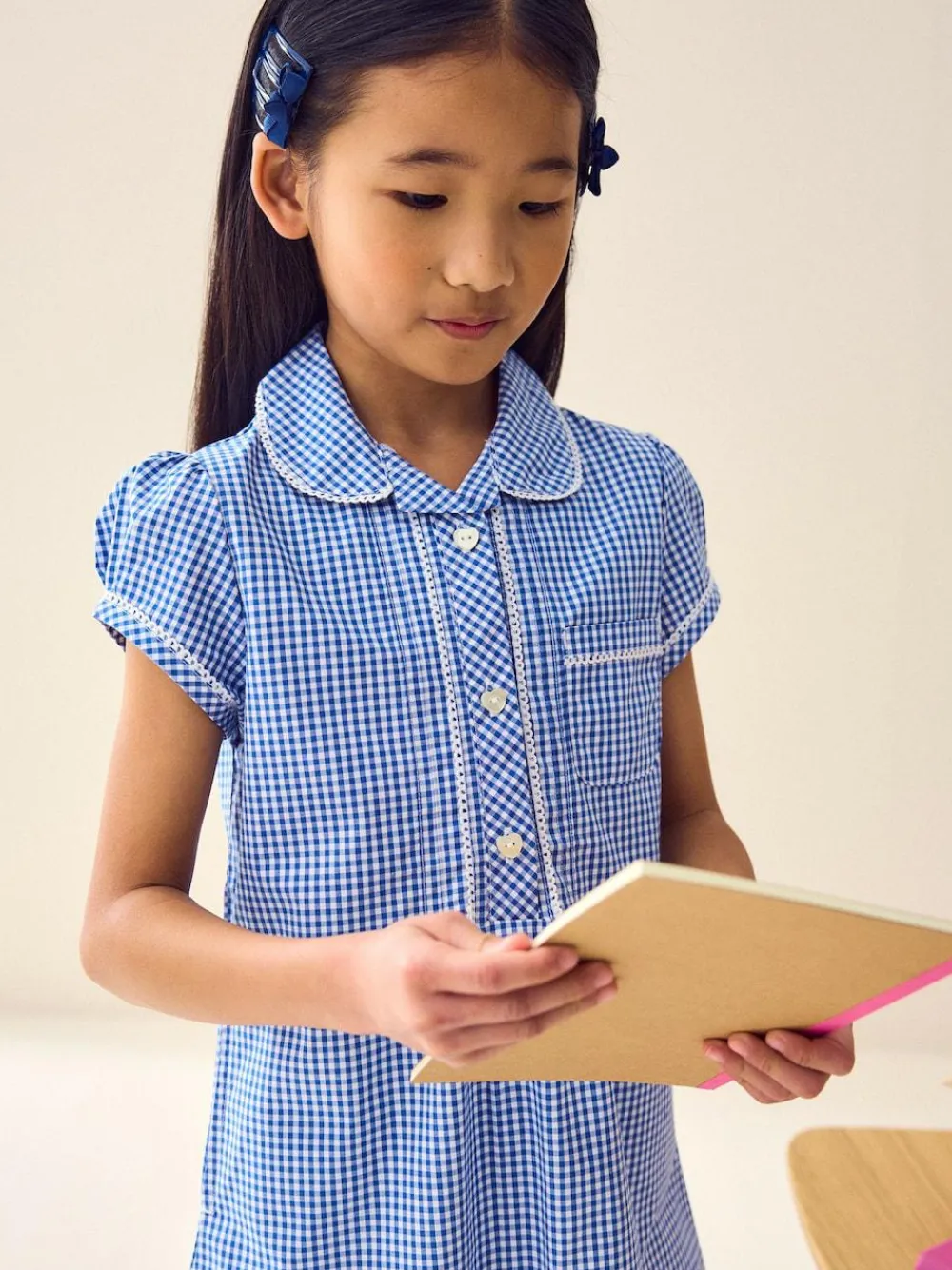 Clearance Next Cotton Rich Button Front Lace Gingham School Dress (3-14yrs) Mid Blue