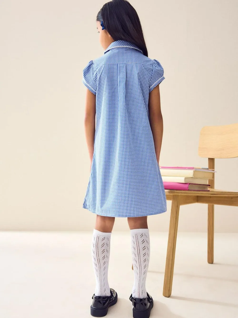Clearance Next Cotton Rich Button Front Lace Gingham School Dress (3-14yrs) Mid Blue