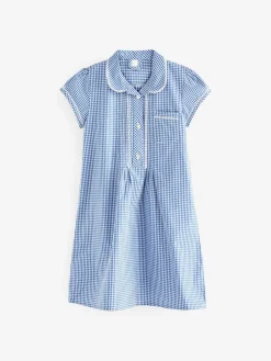 Clearance Next Cotton Rich Button Front Lace Gingham School Dress (3-14yrs) Mid Blue
