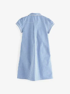 Clearance Next Cotton Rich Button Front Lace Gingham School Dress (3-14yrs) Mid Blue