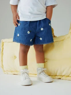Next Mid Blue Daisy Embroidered Denim Shorts (3mths-7yrs)^ Nightwear|Shorts