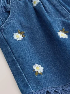 Next Mid Blue Daisy Embroidered Denim Shorts (3mths-7yrs)^ Nightwear|Shorts