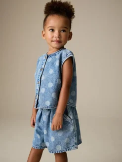 New Next Mid Blue Denim Polka Dot Waistcoat and Shorts Set (3mths-7yrs)