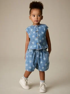 New Next Mid Blue Denim Polka Dot Waistcoat and Shorts Set (3mths-7yrs)