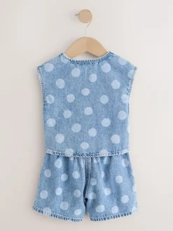 New Next Mid Blue Denim Polka Dot Waistcoat and Shorts Set (3mths-7yrs)
