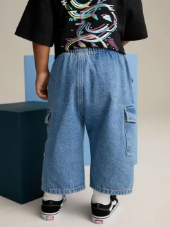 Discount Next Wide Leg Pull On Cargo 100% Cotton Jeans (3mths-7yrs) Mid Blue Denim