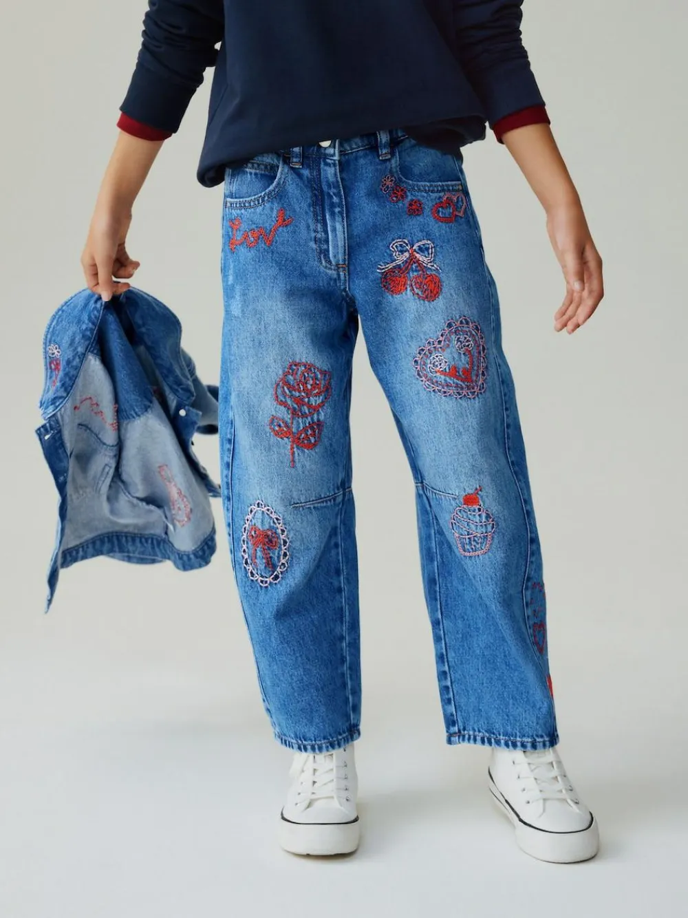 Next Mid Blue Embroidered Barrel Jeans (3-16yrs)