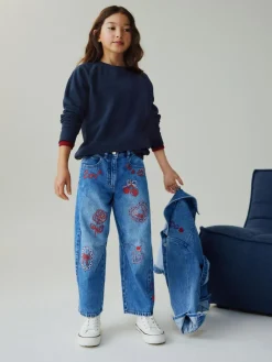 Next Mid Blue Embroidered Barrel Jeans (3-16yrs)