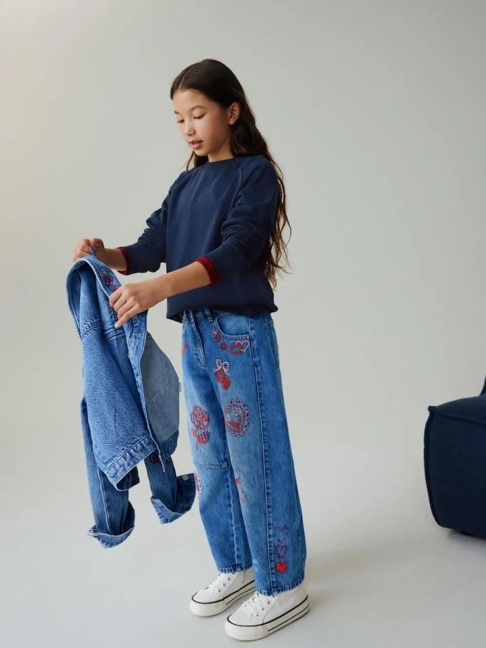 Next Mid Blue Embroidered Barrel Jeans (3-16yrs)