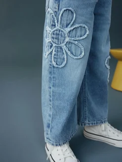 Best Next Mid Blue Floral Appliqué Wide Leg Jeans (3-16yrs)