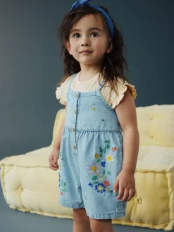 Next Mid Blue Floral Embroidered Denim Playsuit and T-Shirt (3mths-7yrs)^ Sets & Co-Ords|Sets & Co-Ords
