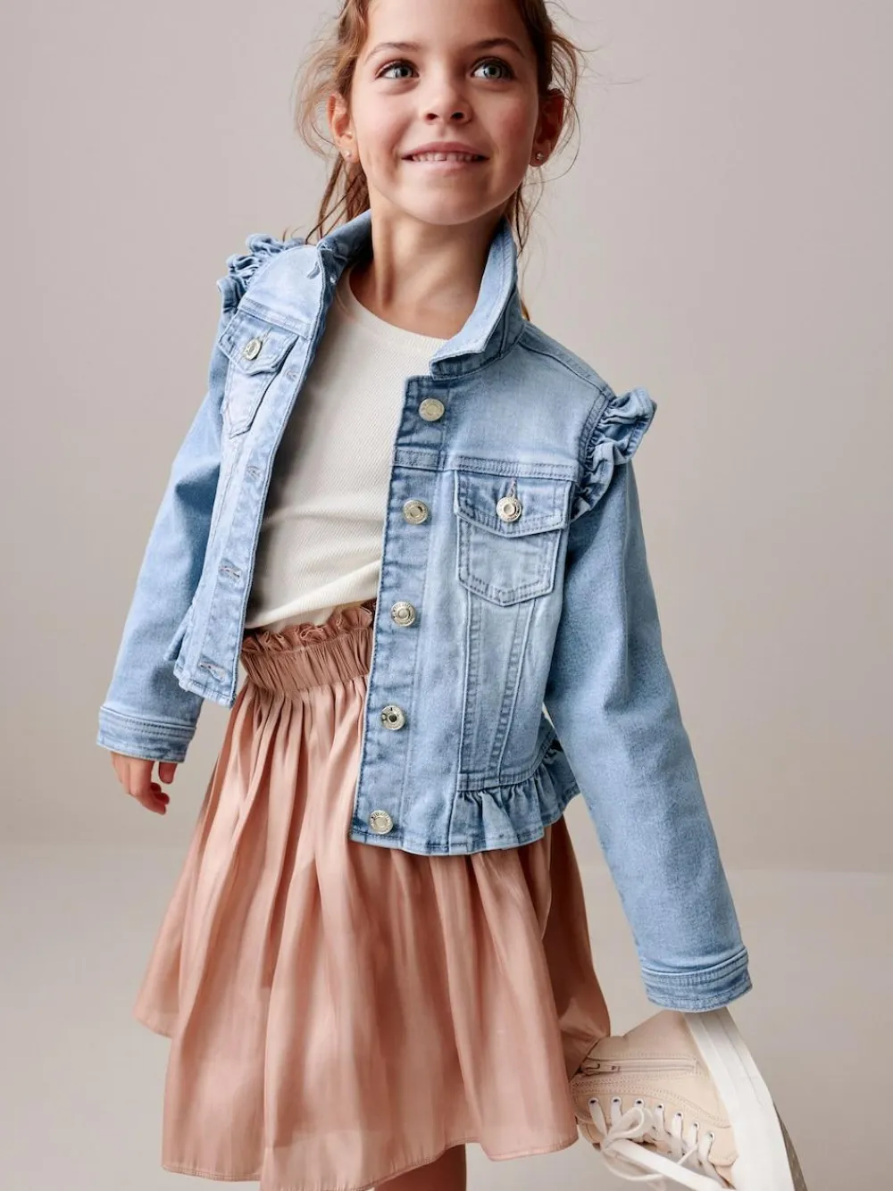 Discount Next Frill Shoulder Denim Jacket (3-16yrs) Mid Blue