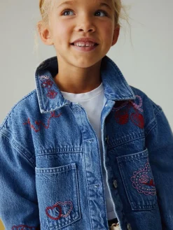 Next Mid Blue Heart Embroidered Denim Shacket (3-16yrs)^ Jackets & Coats|Snowsuits & Coats