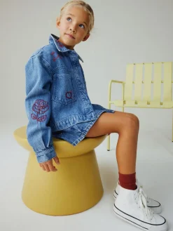 Next Mid Blue Heart Embroidered Denim Shacket (3-16yrs)^ Jackets & Coats|Snowsuits & Coats