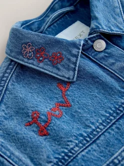 Next Mid Blue Heart Embroidered Denim Shacket (3-16yrs)^ Jackets & Coats|Snowsuits & Coats