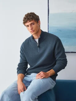 Sale Next Mid Blue Plain N.Premium Regular Fit 100% Cotton Premium Quarter Zip Jumper