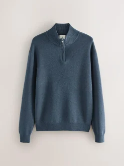 Sale Next Mid Blue Plain N.Premium Regular Fit 100% Cotton Premium Quarter Zip Jumper