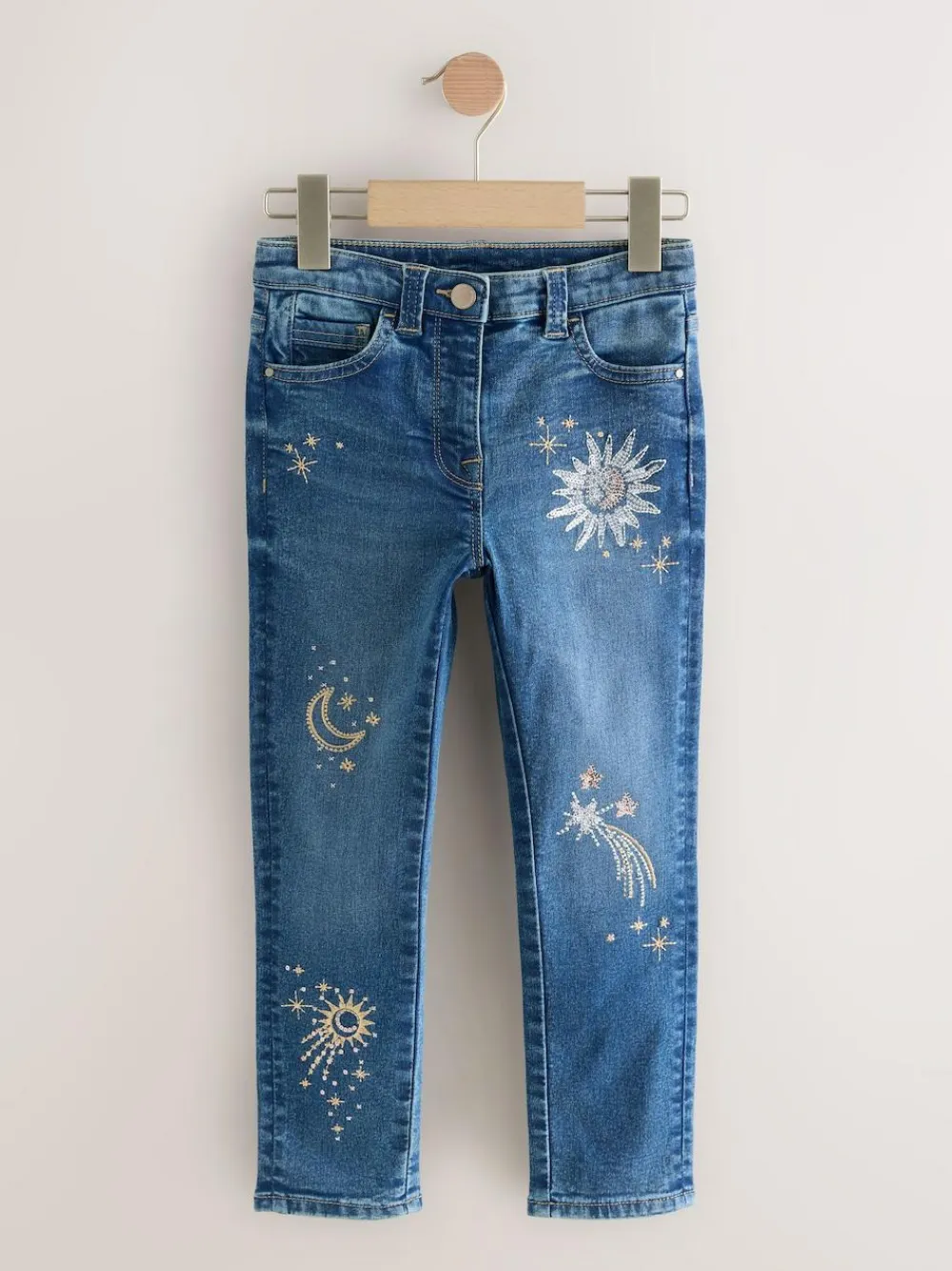 New Next Mid Blue Skinny Fit Floral Embroidered Straight Leg Jeans (3-16yrs)