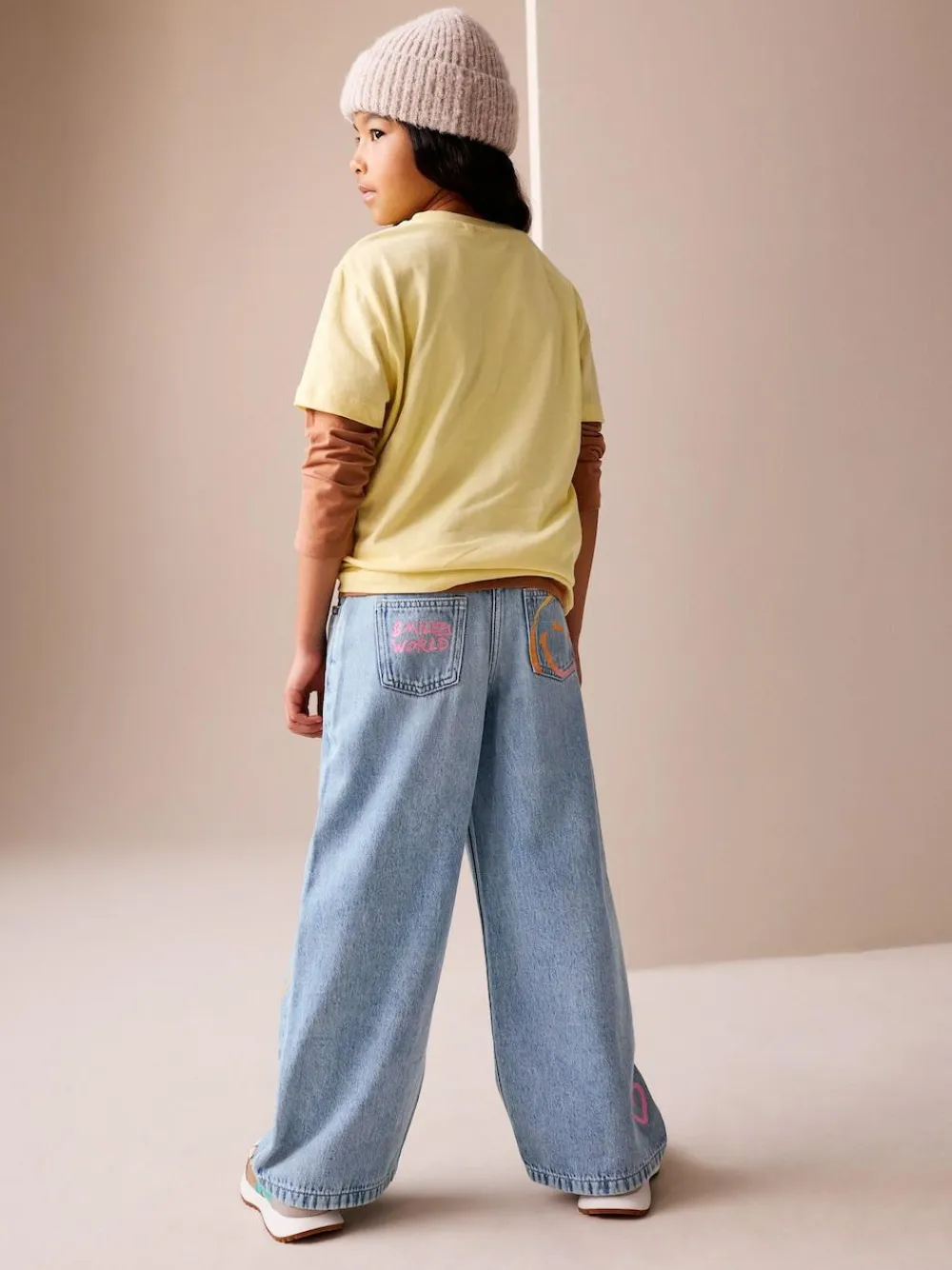 Next Mid Blue SmileyWorld® Print Wide Leg Jeans (3-16yrs)^ Jeans
