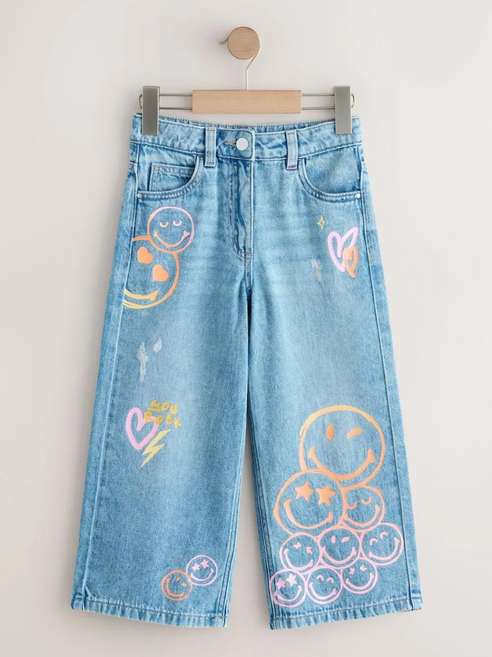 Next Mid Blue SmileyWorld® Print Wide Leg Jeans (3-16yrs)^ Jeans