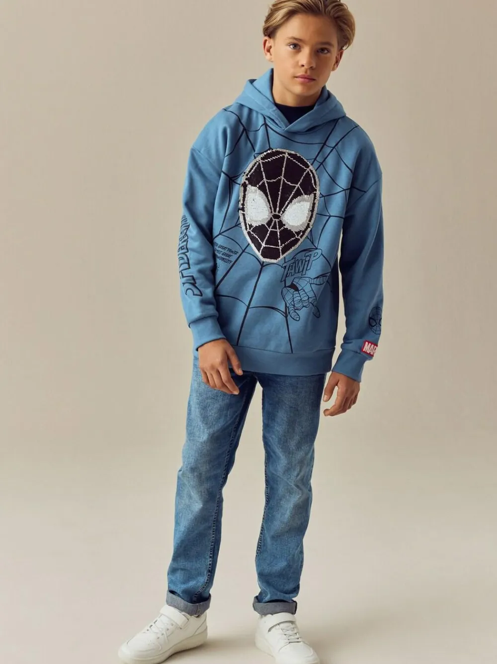 New Next Mid Blue Spiderman Flip Sequin Hoodie (3-16yrs)