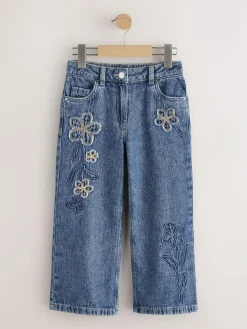 Next Mid Blue Wide Fit Wide Floral Print Embellished Jeans (3-16yrs)^ Jeans