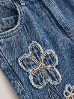 Next Mid Blue Wide Fit Wide Floral Print Embellished Jeans (3-16yrs)^ Jeans