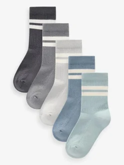 Next Mineral Blue/Grey Cushioned Footbed Cotton Rich Ribbed Tipped Socks 5 Pack^BOY Socks
