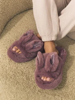 Next Mink Brown Bunny Faux Fur Slider Slippers^Women Slippers|All Night & Lounge