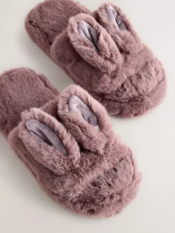 Next Mink Brown Bunny Faux Fur Slider Slippers^Women Slippers|All Night & Lounge