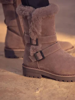 Sale Next Mink Brown Faux Fur Double Buckle Ankle Boots