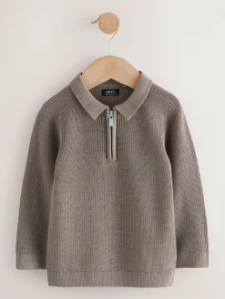 Outlet Next Long Sleeve Quarter Zip Knitted Polo Shirt (3mths-7yrs) Mink Brown