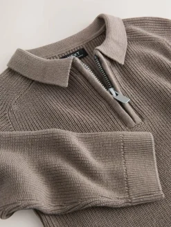 Outlet Next Long Sleeve Quarter Zip Knitted Polo Shirt (3mths-7yrs) Mink Brown