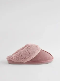 Next Mink Pink Faux Fur Lined Suede Mule Slippers^Women Nightwear|Slippers