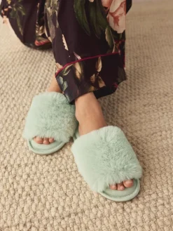 Next Mint Green Faux Fur Lined Slider Slippers