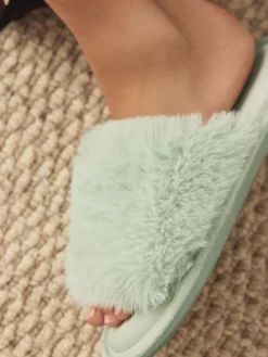 Next Mint Green Faux Fur Lined Slider Slippers