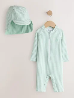 Next Striped Sunsafe Swimsuit and Hat Set (3mths-7yrs) Mint Green