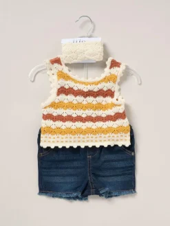 Outlet Miss True Knit Top Shorts and Headband Outfit Set Cream/Blue