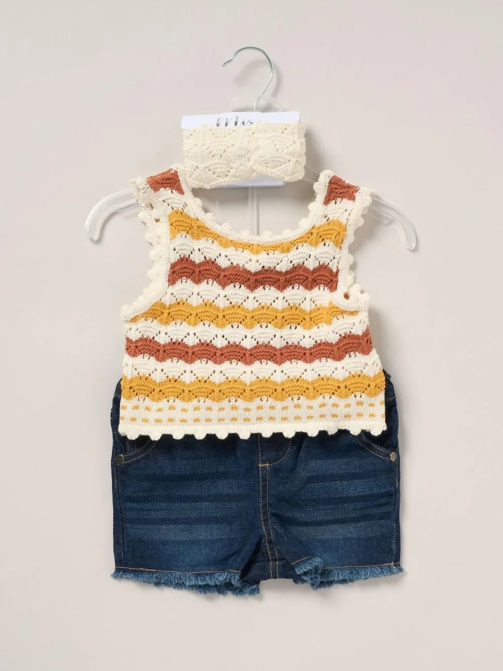 Outlet Miss True Knit Top Shorts and Headband Outfit Set Cream/Blue