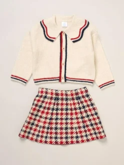 Miss True Knit White Cardigan with Check Skirt^ Shorts & Skirts