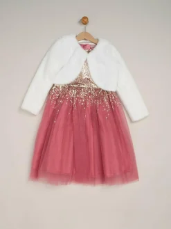 Clearance Miss Waterfall Sequin Dress and Faux Fur Bolero Set Pink