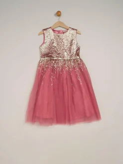 Clearance Miss Waterfall Sequin Dress and Faux Fur Bolero Set Pink
