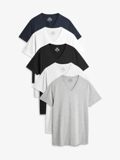 New Next Slim Fit 100% Cotton V-Neck Layering T-Shirts 5 Pack Mixed