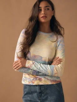 Next Monet Graphic License Long Sleeve Washed Effect Raw Seam T-Shirt