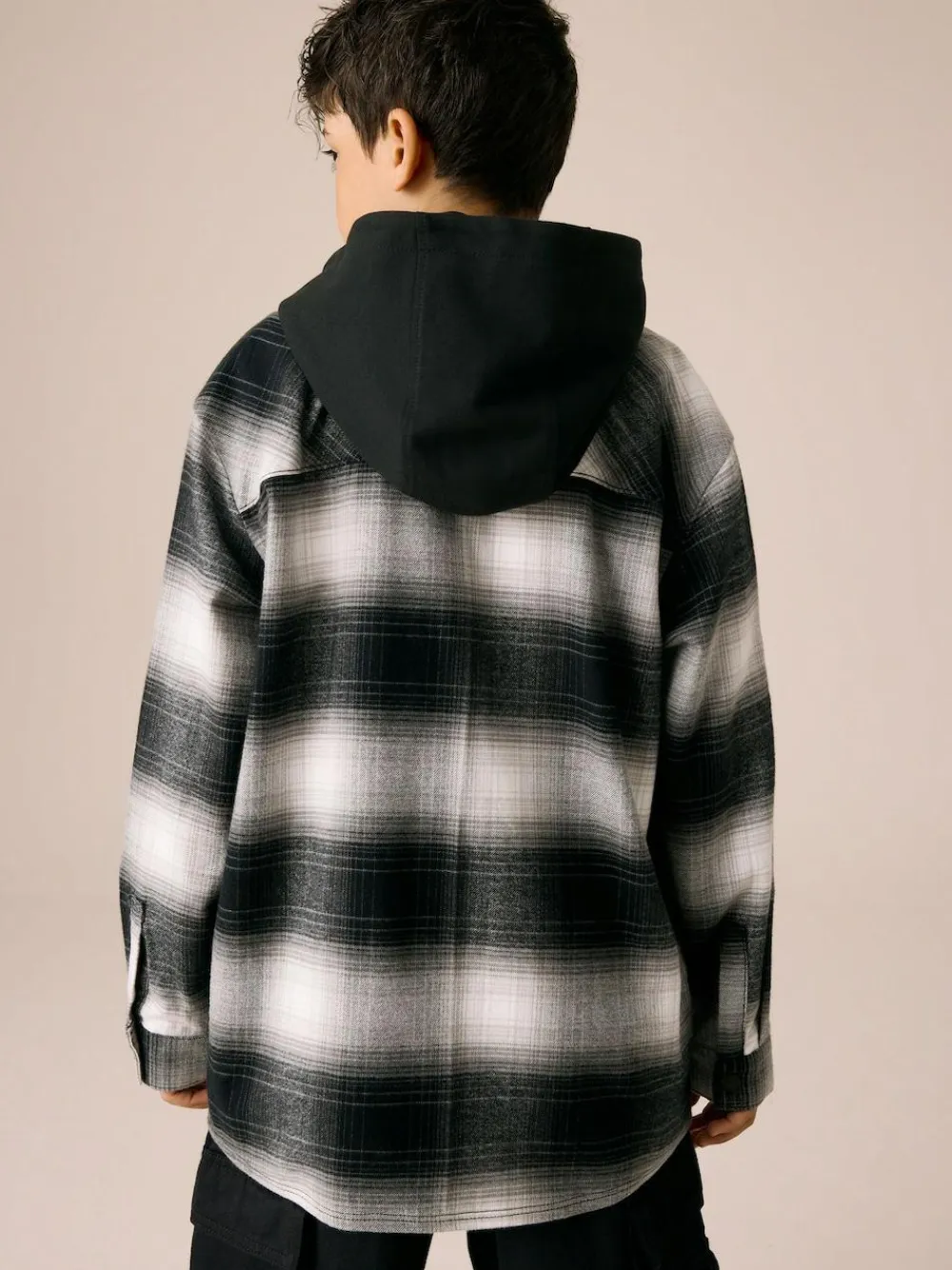 New Next Long Sleeve Check Hooded Shirt (3-16yrs) Mono Core