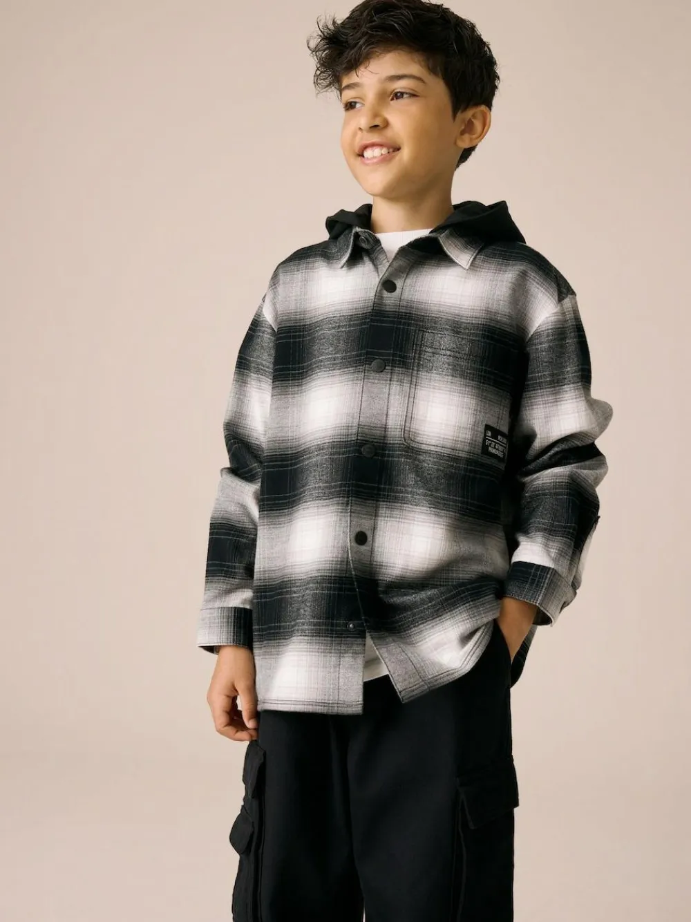 New Next Long Sleeve Check Hooded Shirt (3-16yrs) Mono Core