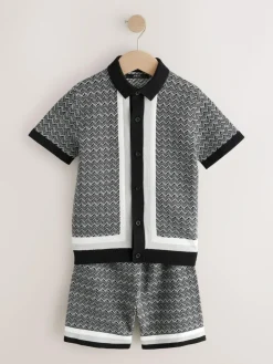Sale Next Monochrome Geo Knitted Button Through Polo Shirt and Shorts Set (3-16yrs)