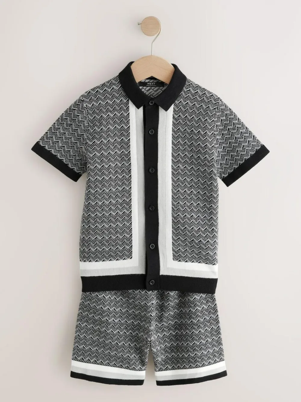 Sale Next Monochrome Geo Knitted Button Through Polo Shirt and Shorts Set (3-16yrs)