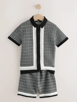 Sale Next Monochrome Geo Knitted Button Through Polo Shirt and Shorts Set (3-16yrs)