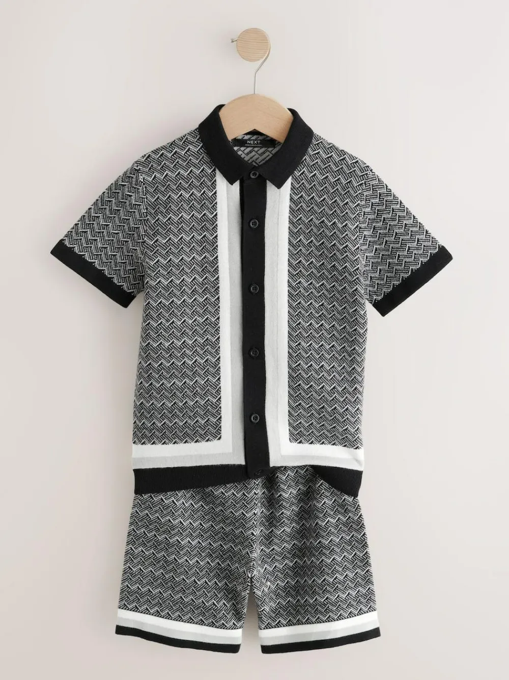 Sale Next Monochrome Geo Knitted Button Through Polo Shirt and Shorts Set (3-16yrs)